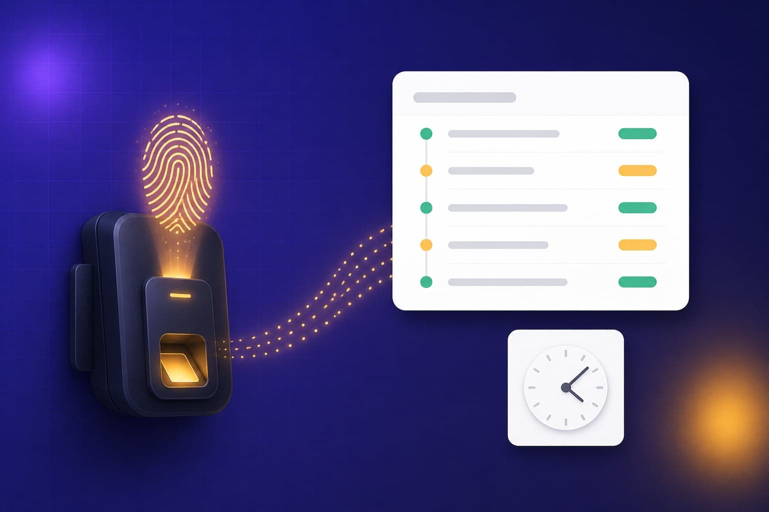 Illustration of a biometric fingerprint device streaming punch data into an attendance timeline dashboard