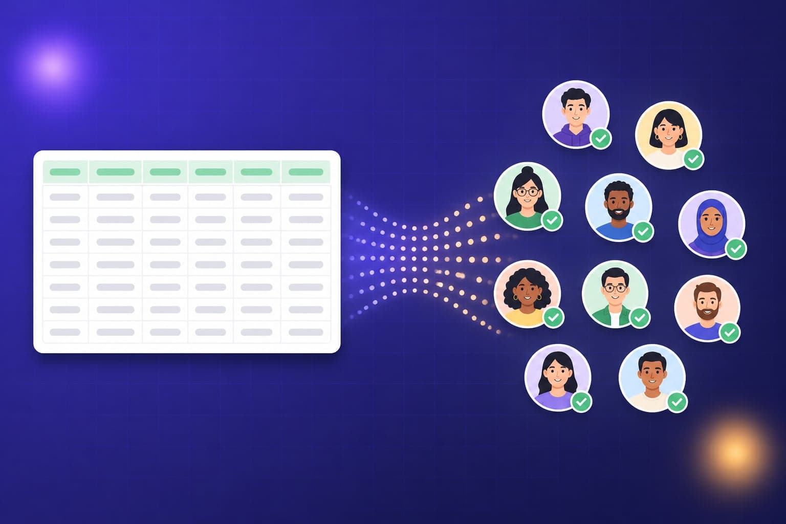Illustration of spreadsheet rows flowing into a cluster of employee avatars, each marked with a green checkmark