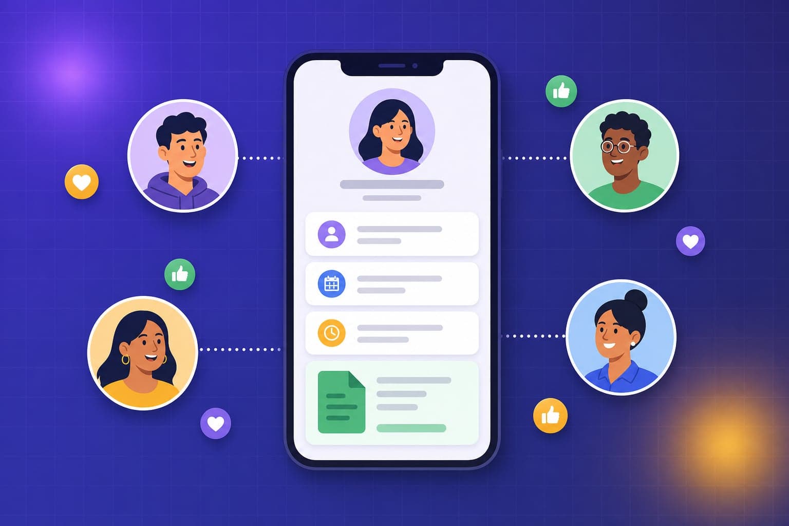 Illustration of a smartphone showing an employee self-service portal surrounded by happy employee avatars