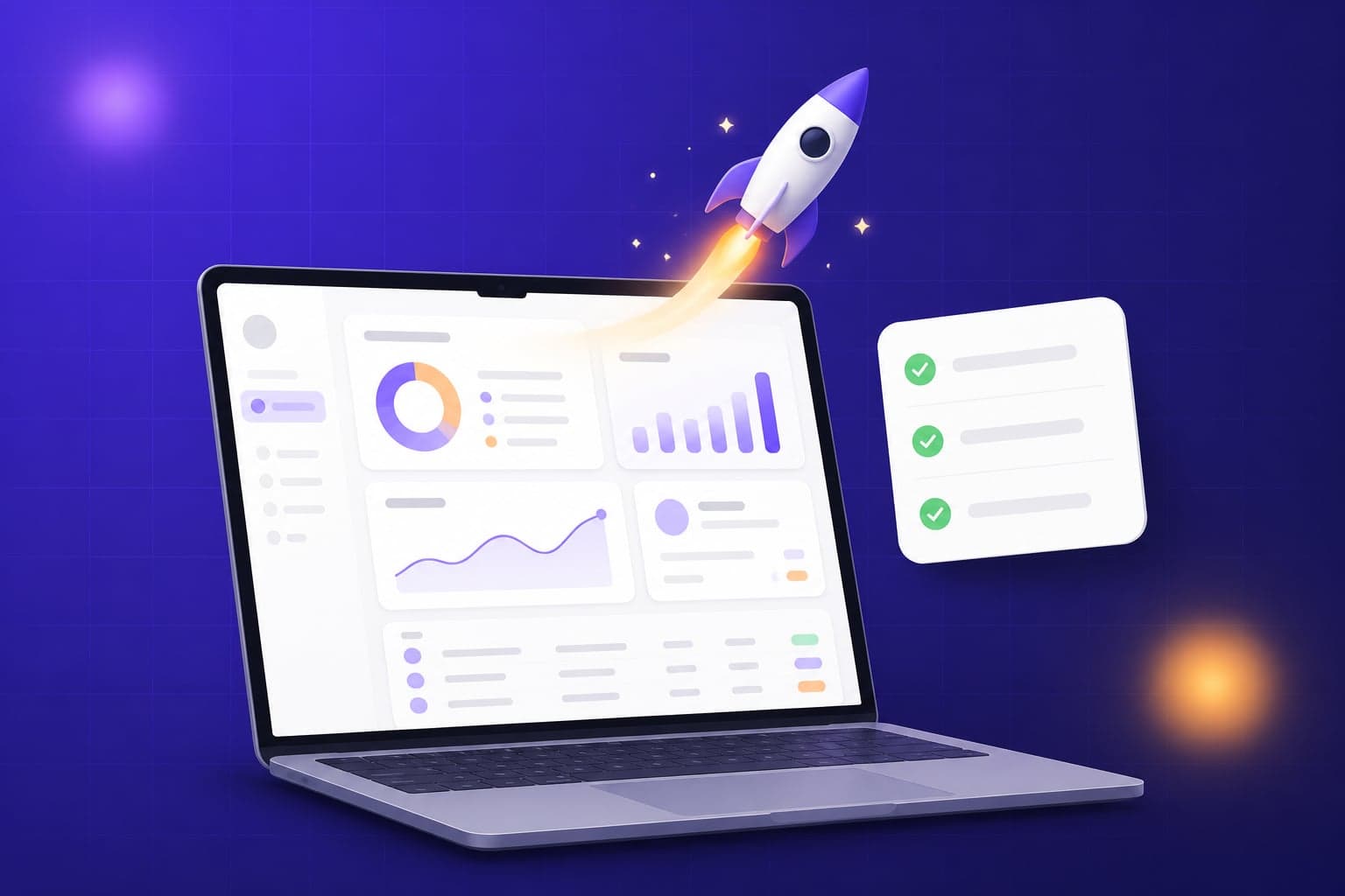 Illustration of a laptop showing an HR dashboard with a rocket launching from the screen beside a completed setup checklist