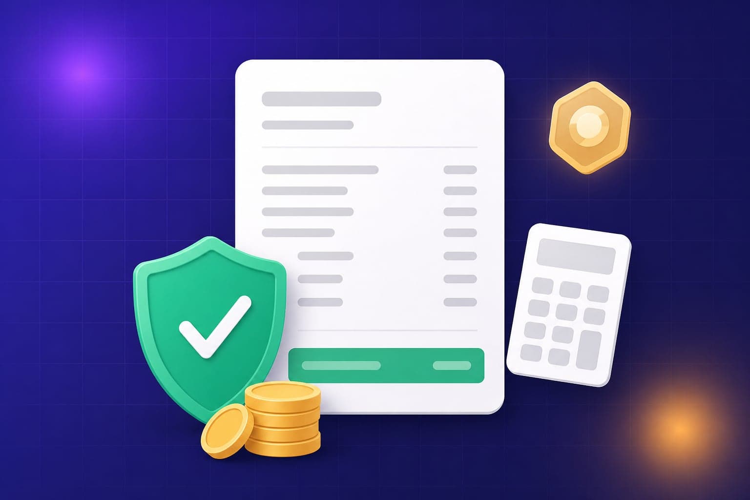 Illustration of a payslip document with a green compliance shield, stacked coins and a calculator